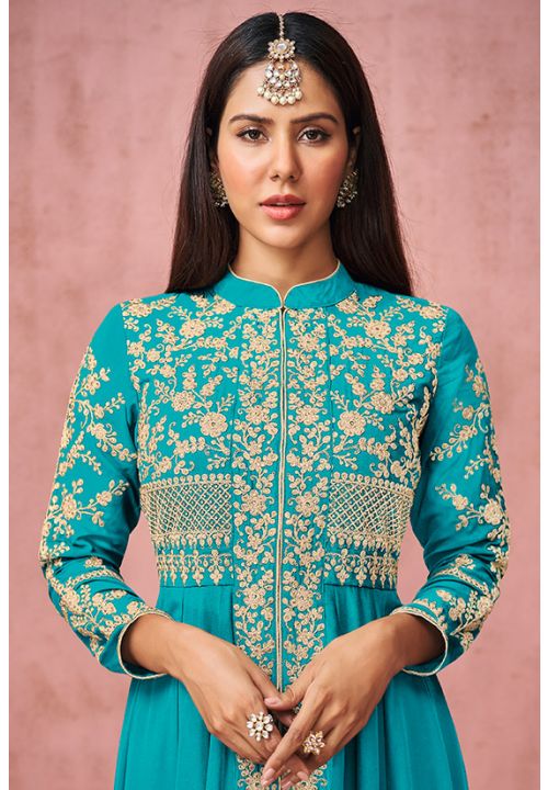 Sonam Bajwa Designer Anarkali Salwar Suit In Turquoise SFYS71501 - ShreeFashionWear  
