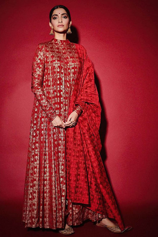 Sonam Kapoor Red Wedding Chanderi Silk Anarkali Set SFINSP42MB - ShreeFashionWear  
