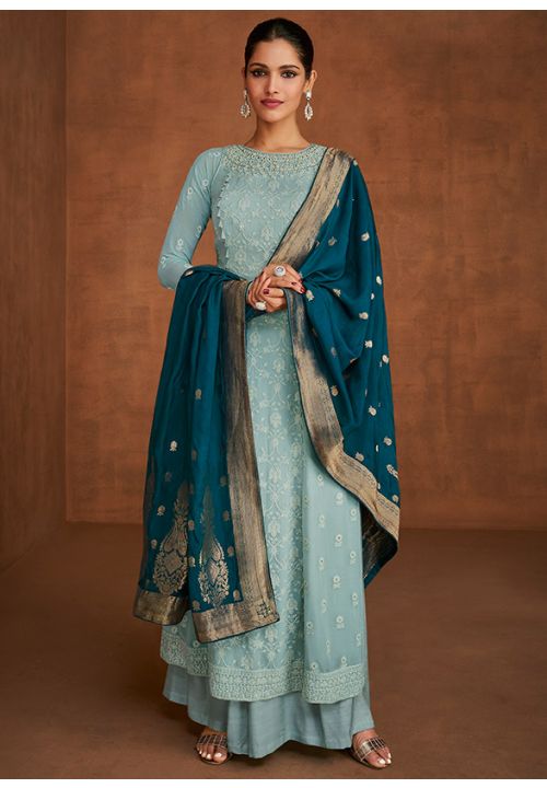 Teal Blue Bridal Haldi Palazzo Suits In Georgette Sequin Work SRYS79902 - ShreeFashionWear  
