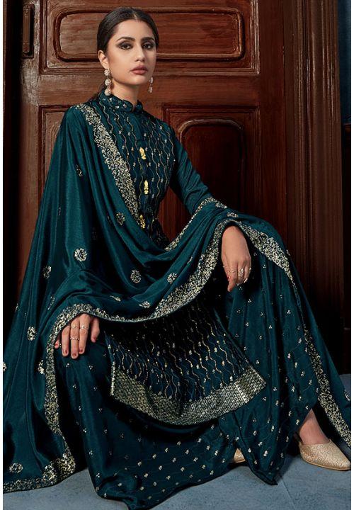 Teal Blue Party Palazzo Suit In Chinon Small- 4XLarge EXAPR46 - ShreeFashionWear  