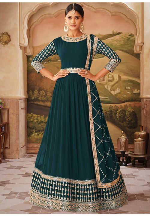 Teal Georgette Indian Wedding Ready Made Anarkali Suit SRYS79502 - ShreeFashionWear  
