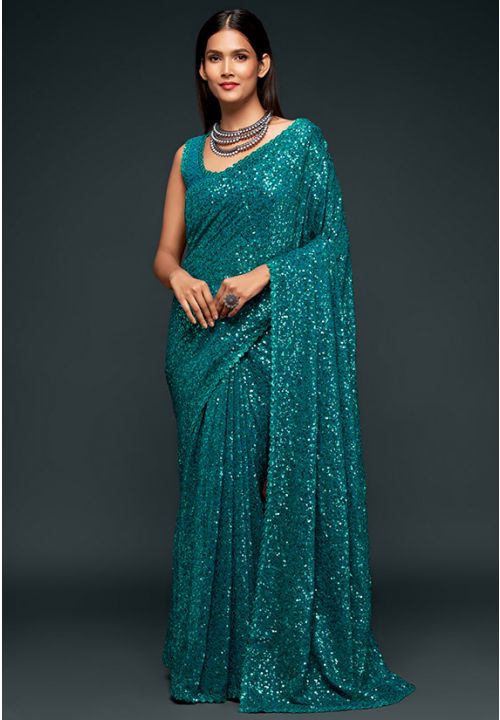 Teal Green Cocktail Wedding Party Saree Fully Sequined In Georgette SFZC1302 - ShreeFashionWear  