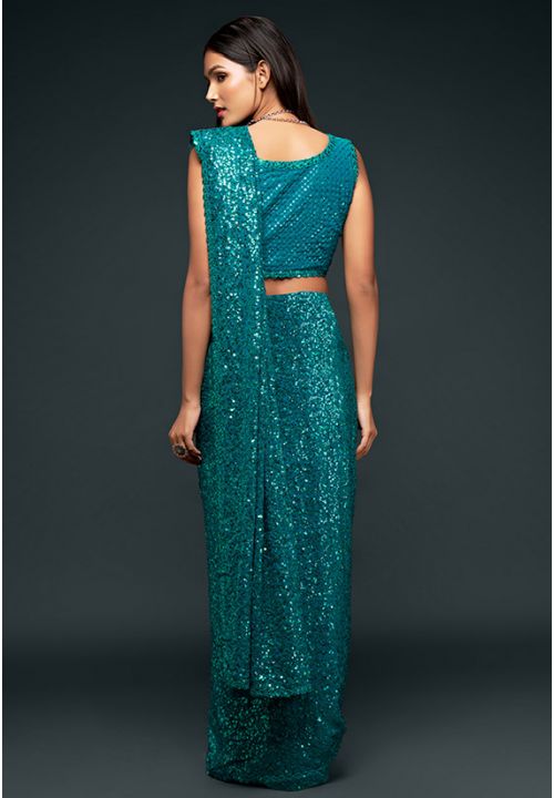 Teal Green Cocktail Wedding Party Saree Fully Sequined In Georgette SFZC1302 - ShreeFashionWear  