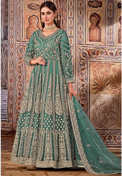 Sea green hue designer gown | Gowns for girls, Gowns, Gowns online shopping