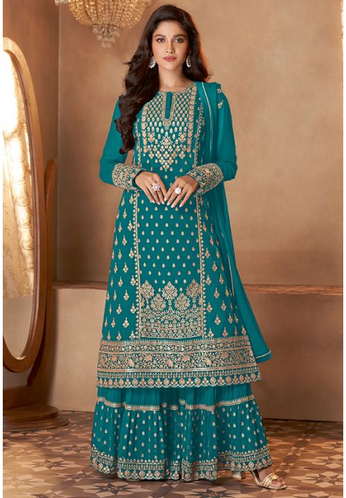 Teal Heavy Indian Pakistnai Wedding Palazzo Suit Georgette SFSA288105 - ShreeFashionWear  