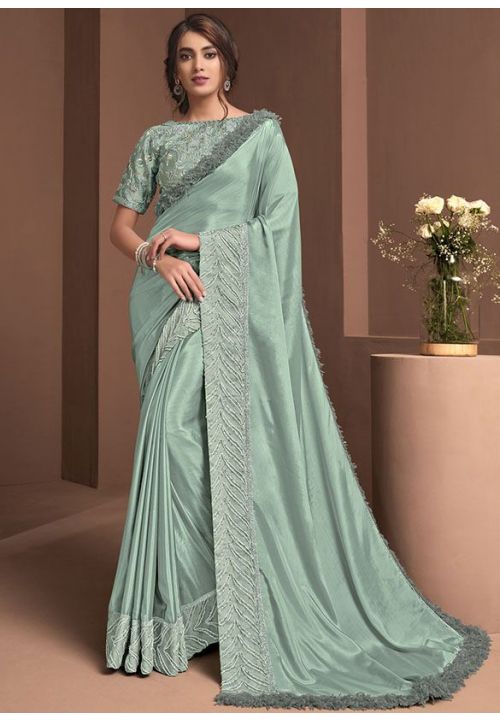 Teal Mint Wedding Silk Georgette Designer Saree YDDIW18302 - ShreeFashionWear  