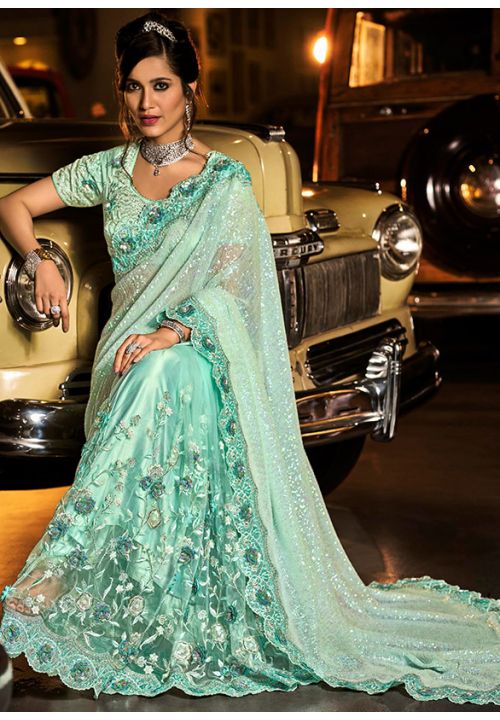 Turquoise Blue Indian Pakistani Wedding Party Net Designer Saree SRSA301711 - ShreeFashionWear  