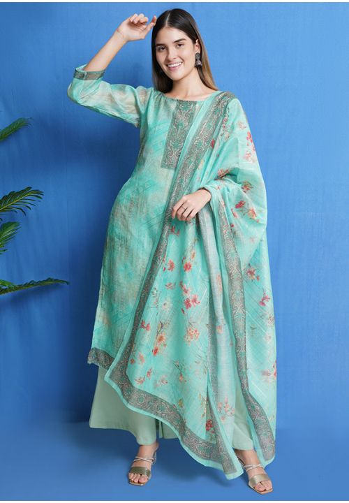 Turquoise Chanderi Silk Plus Size Silk Salwar Pant Kameez SHSTL18507 - ShreeFashionWear  