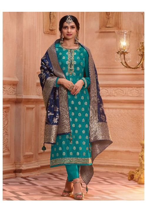Turquoise Haldi Pure dola Jacquard Churidar Suit SFSA293702 - ShreeFashionWear  