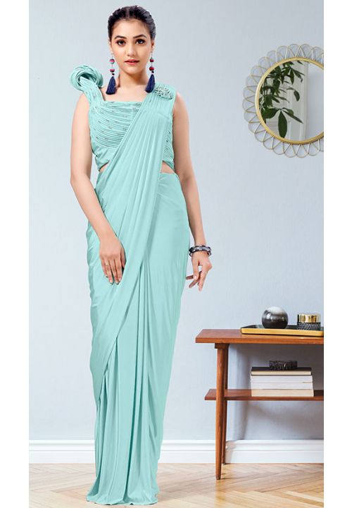 Turquoise Lycra Ready To Wear Indian Saree  SREXO31701 - ShreeFashionWear  