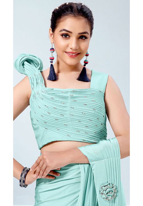 Turquoise Lycra Ready To Wear Indian Saree  SREXO31701 - ShreeFashionWear  
