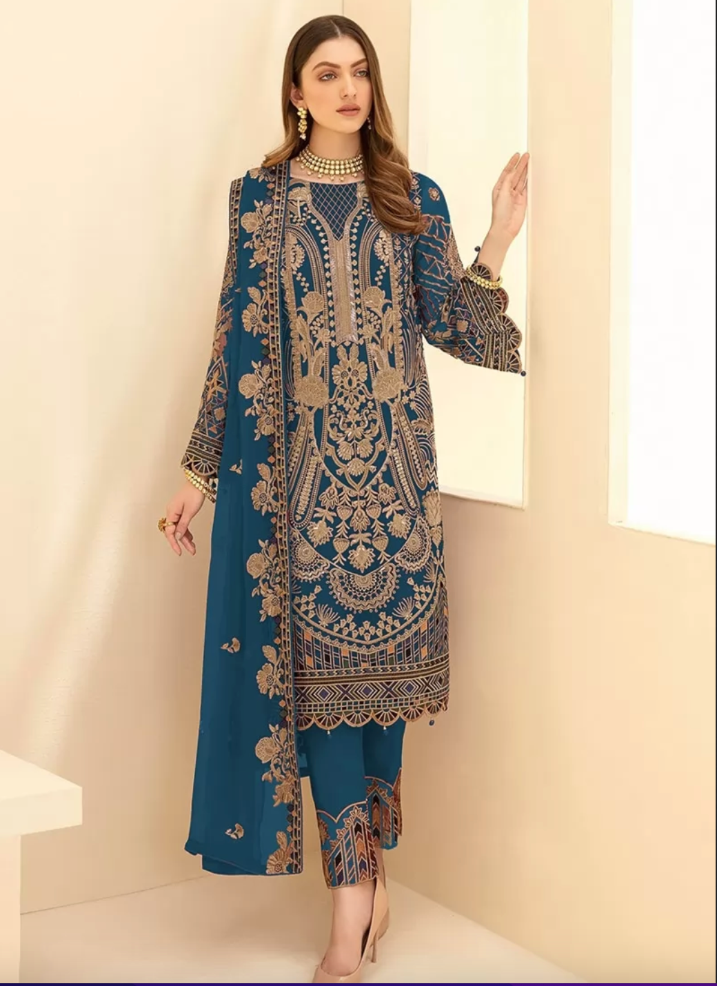 Turquoise Pakistani Style Salwar Pant Suit In Georgette SHRFZ109863 - ShreeFashionWear  