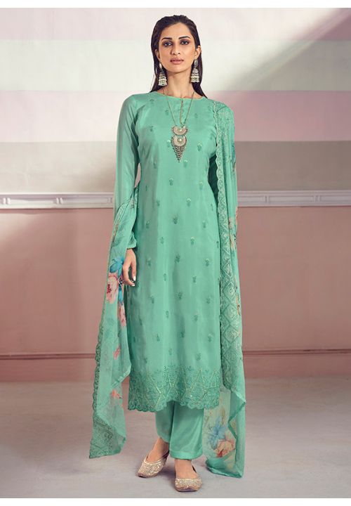 Turquoise Pure Muslin Plus Size Salwar Pant Palazzo Suit SRDSIF9303 - ShreeFashionWear  