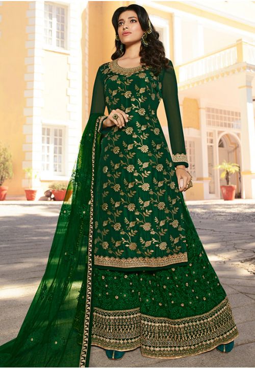 Wedding Green Embroidery Designer Palazzo Suit Dola Jacquard SFSA286001 - ShreeFashionWear  