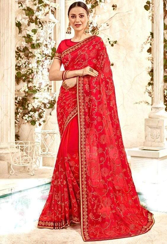 Wedding Saree In Red With Zari Work SF02323YD - ShreeFashionWear  