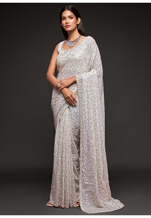 White Cocktail Wedding Party Saree Fully Sequined In Georgette SFZC1306 - ShreeFashionWear  
