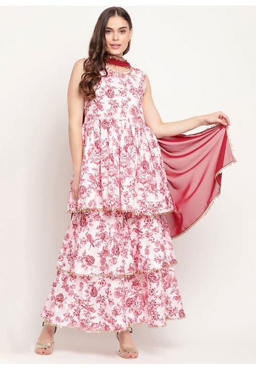 White Pink Cotton Plus Size Palazzo Sharara Suit SRROY370106R - ShreeFashionWear  