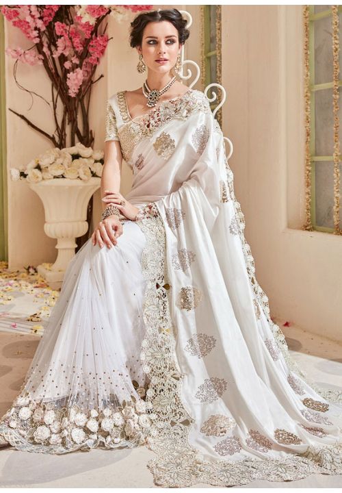 White Wedding Reception Saree With Diamond Work SFSA107002 - ShreeFashionWear  