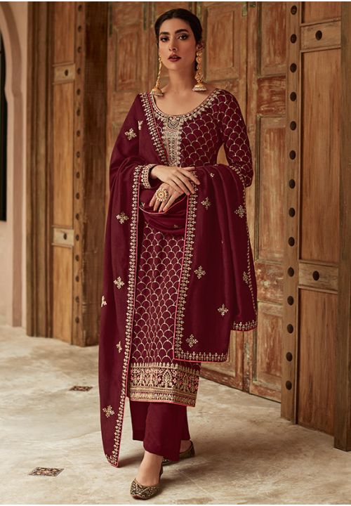 Wine Indian Pakistani Silk Long Palazzo Suit SFYS88902