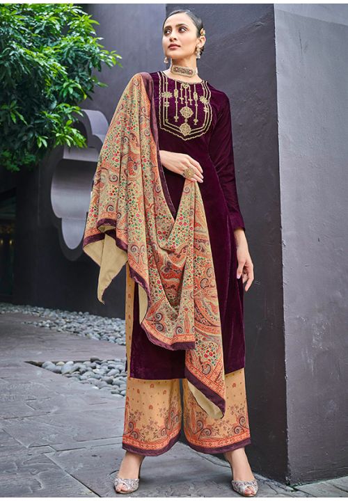 Wine Indian Plus Size Salwar Kameez Palazzo Suit SFDSIF5101 - ShreeFashionWear  