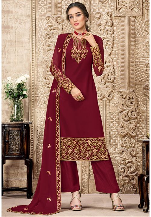 Wine Plus Size Indian Pakistani Palazzo Salwar Suit Georgette EXSWG6802 - ShreeFashionWear  