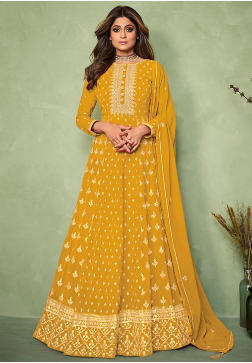 Yellow Designer Haldi Anarkali Suit Evening Georgette SFSA329904 - ShreeFashionWear  