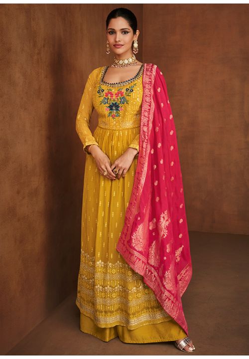 Yellow Bridal Haldi Palazzo Suits In Georgette Sequin Work SRYS79901 - ShreeFashionWear  