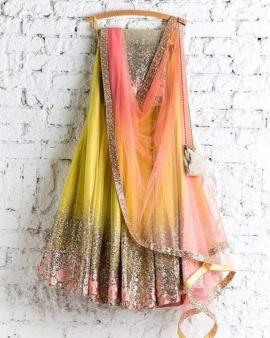Yellow Bridal Peach Handwork Net Silk Lehenga Choli  INS2206 - ShreeFashionWear  