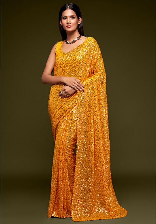 Yellow Cocktail Wedding Party Saree Fully Sequined In Georgette SFZC1309 - ShreeFashionWear  