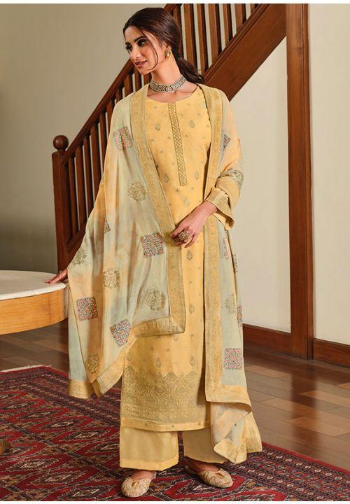 Yellow Dola Silk Wedding Plussize Palazzo Suit  EXSTL14108 - ShreeFashionWear  
