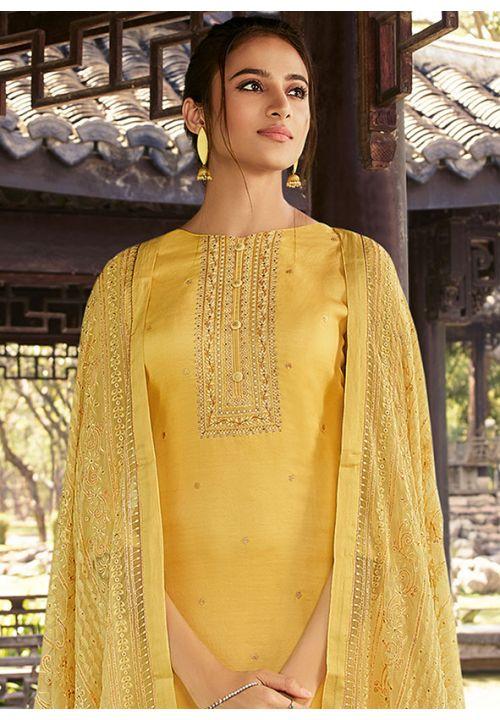 Yellow Haldi Pure Silk Plussize Palazzo Salwar Kameez EXSTL13903 - ShreeFashionWear  