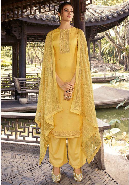 Yellow Haldi Pure Silk Plussize Palazzo Salwar Kameez EXSTL13903 - ShreeFashionWear  