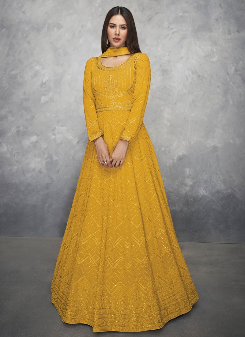Yellow Haldi Wedding Anarkali Churidar Suit In Georgette SFZ104527 - ShreeFashionWear  