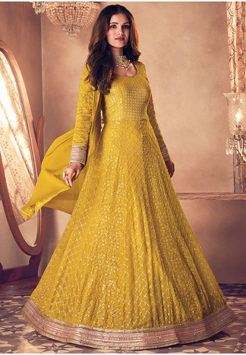 Yellow Indian Wedding Bridesmaid Long Anarkali SA279501 - ShreeFashionWear  