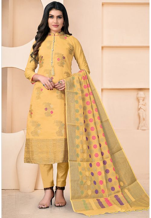 Yellow Mustard Banarasi Silk Salwar Pant Churidar Suit SRROY373811 - ShreeFashionWear  