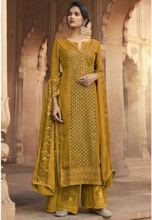Yellow Mustard Georgette Bridesmaid Palazzo Suit SFYS66601 - ShreeFashionWear  