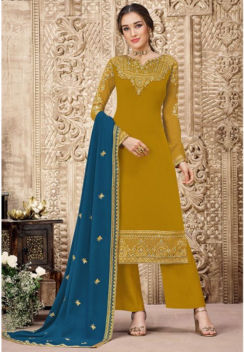 Yellow Mustard Plus Size Indian Pakistani Palazzo Salwar Suit Georgette EXSWG6804 - ShreeFashionWear  