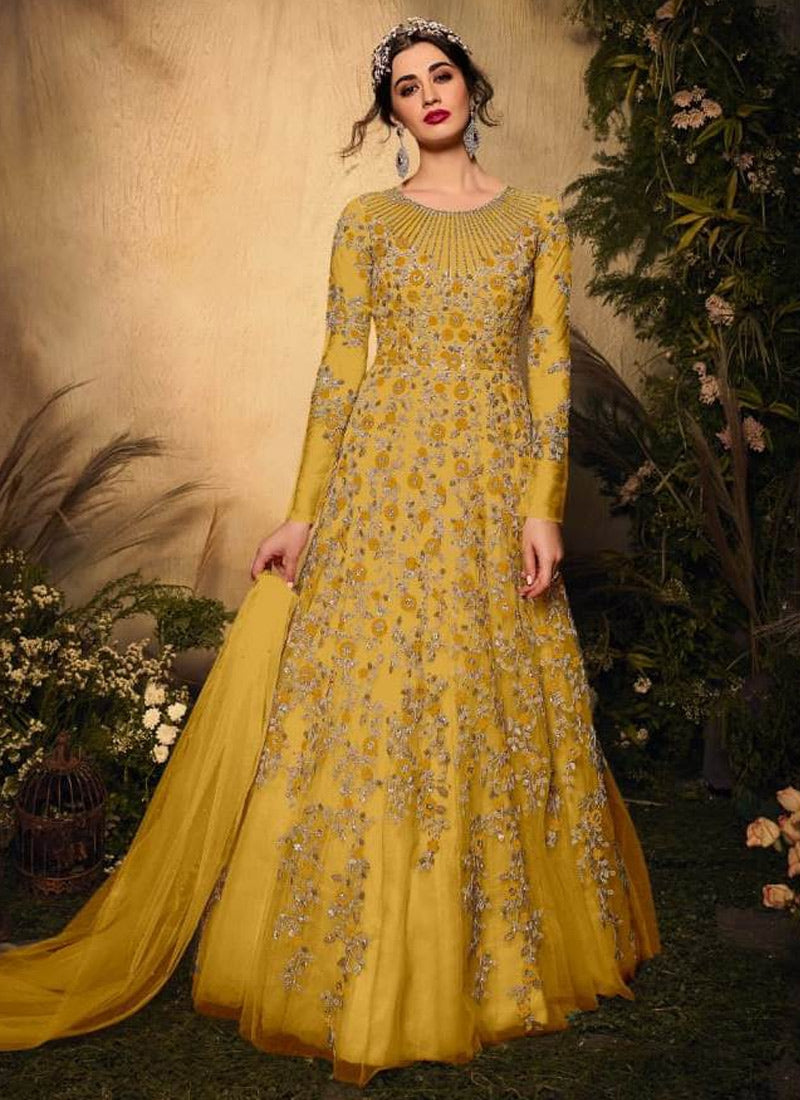Yellow Net Long Length Anarkali Bridal Gown FZ90718 - ShreeFashionWear  