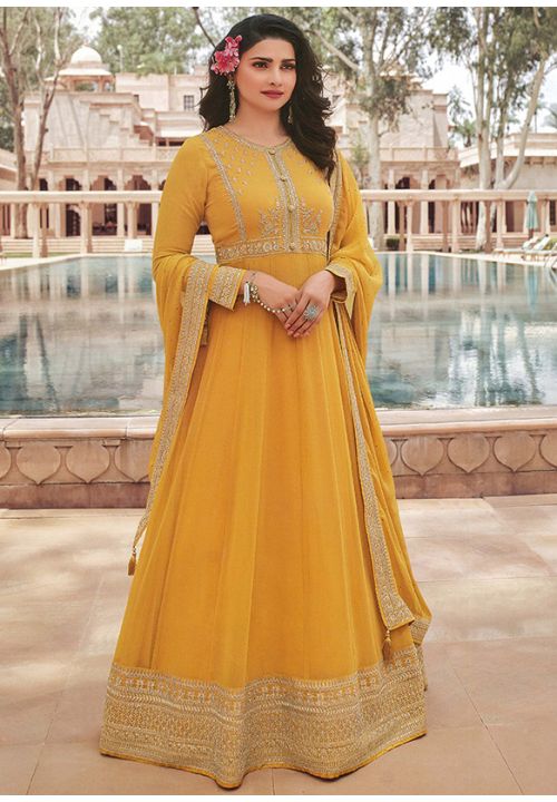 Yellow Prachi Desai Georgette Sangeet Anarkali Gown SIPRF141204 - ShreeFashionWear  