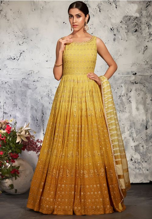 Yellow Readymade Lucknowi Bridal Anarkali Gown SFKN60307R - ShreeFashionWear  