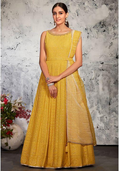 Yellow Readymade Lucknowi Bridal Anarkali Gown SFKN60310R - ShreeFashionWear  