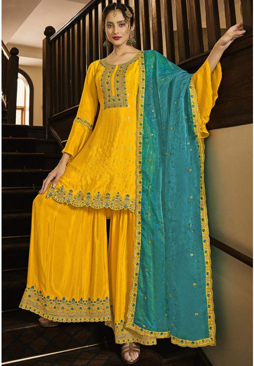 Yellow Turquoise ndian Pakistani Wedding Silk Palazzo Suit SWYS77403 - ShreeFashionWear  