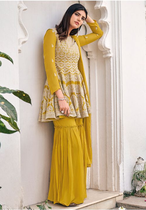 Yellow Viscose Georgette Haldi Palazzo Suit Thread Work EXDSIF5401 - ShreeFashionWear  