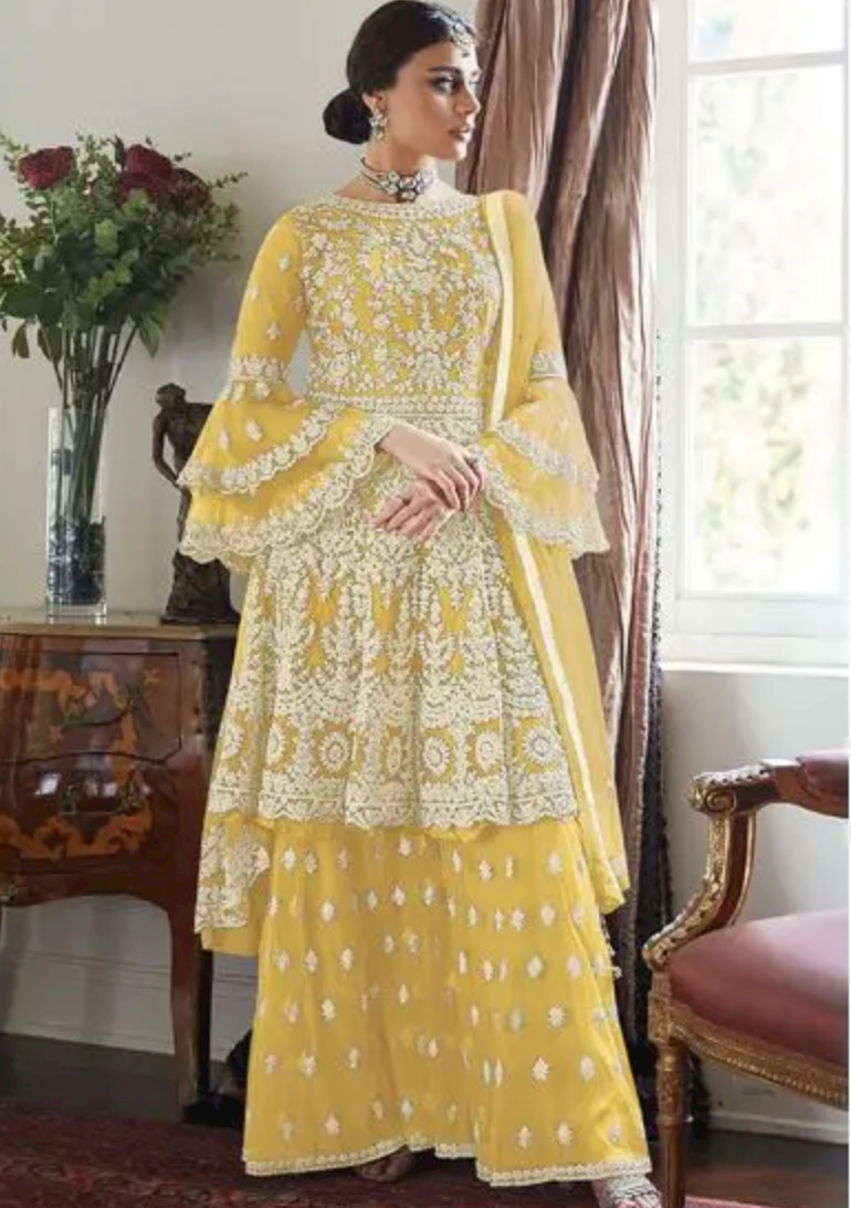 Yellow Wedding Palazzo Suit In Net Heavy Embroidery Work SFYS50104I - ShreeFashionWear  
