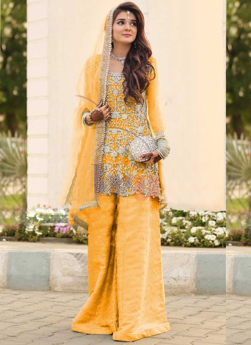 Yellow Wedding Sangeet Palazzo Salwar Kameez Small - 3XLarge FZ232 - ShreeFashionWear  