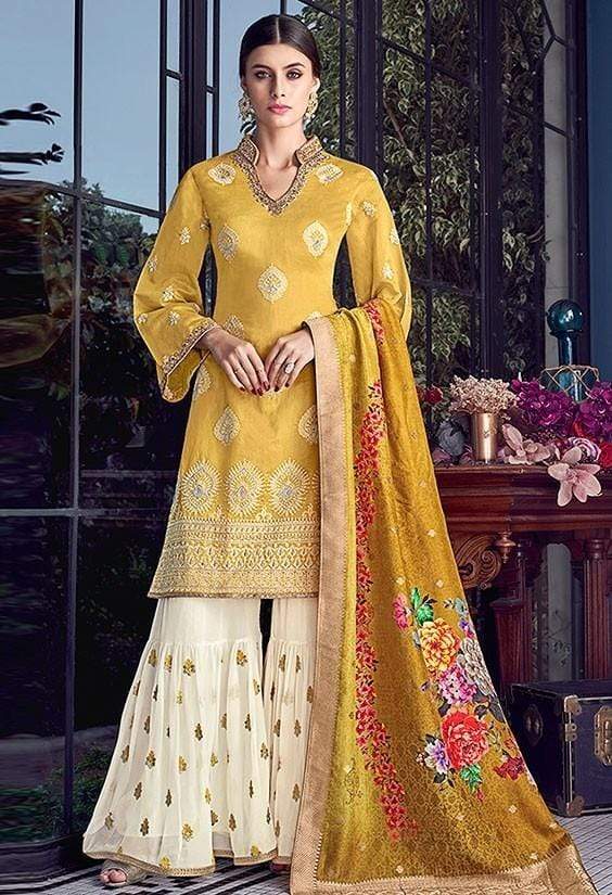 Yellow Chanderi Silk Fashionable Palazzo Suit SIYA233 - ShreeFashionWear  