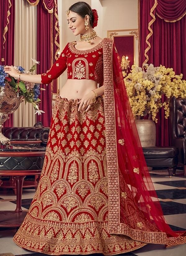 Zara Red Bridal Lehenga In Satin SIY5033 - ShreeFashionWear  