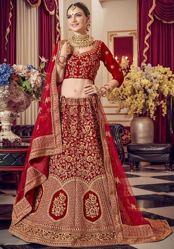 Zara Red Bridal Velvet Lehenga Set SIY5034 - ShreeFashionWear  