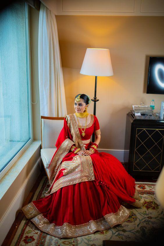 Red Bridal Lehenga Set In Silk With Double Border Goldwork SIN438SD - ShreeFashionWear  