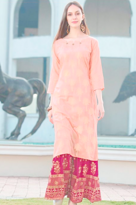 Pink Foil Print Rayon Kurti Palazzo Suit SHRE017 - ShreeFashionWear  